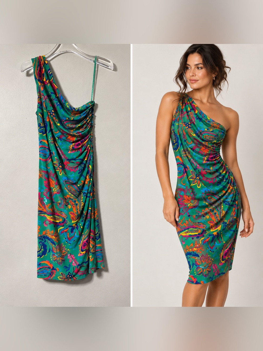 Lauren Ralph Lauren Dress One Shoulder Green Paisley Summer Wedding Guest Sz 12